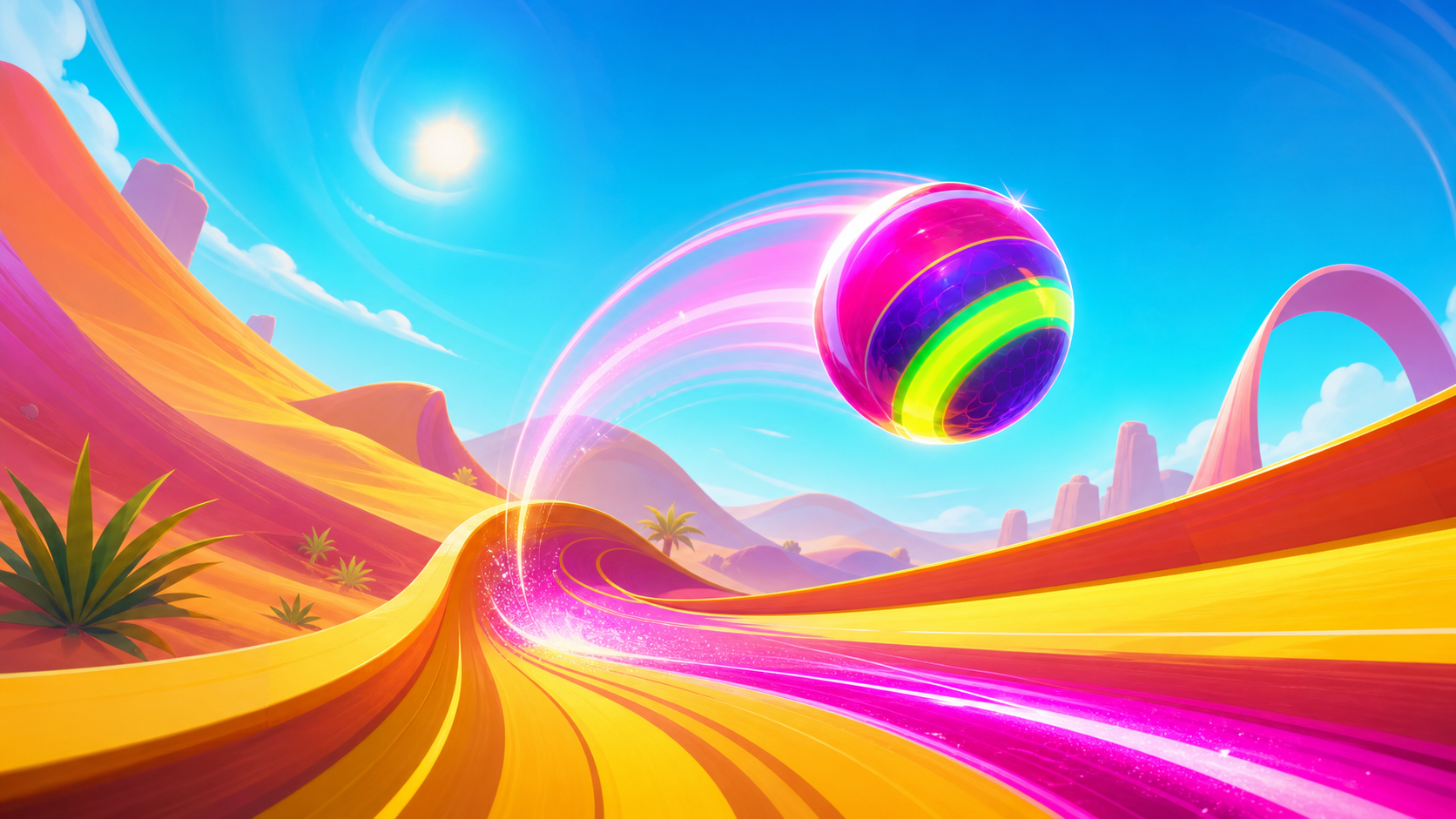 Flip Drift Rush neon ball flipping above a curved drift track